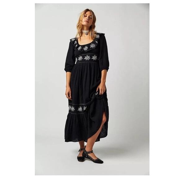 Free People Lovers Lane Maxi Dress Black Embroidered Peasant XL Festival Cottage